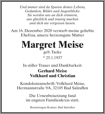 Anzeige  Margret Meise  Lippische Landes-Zeitung