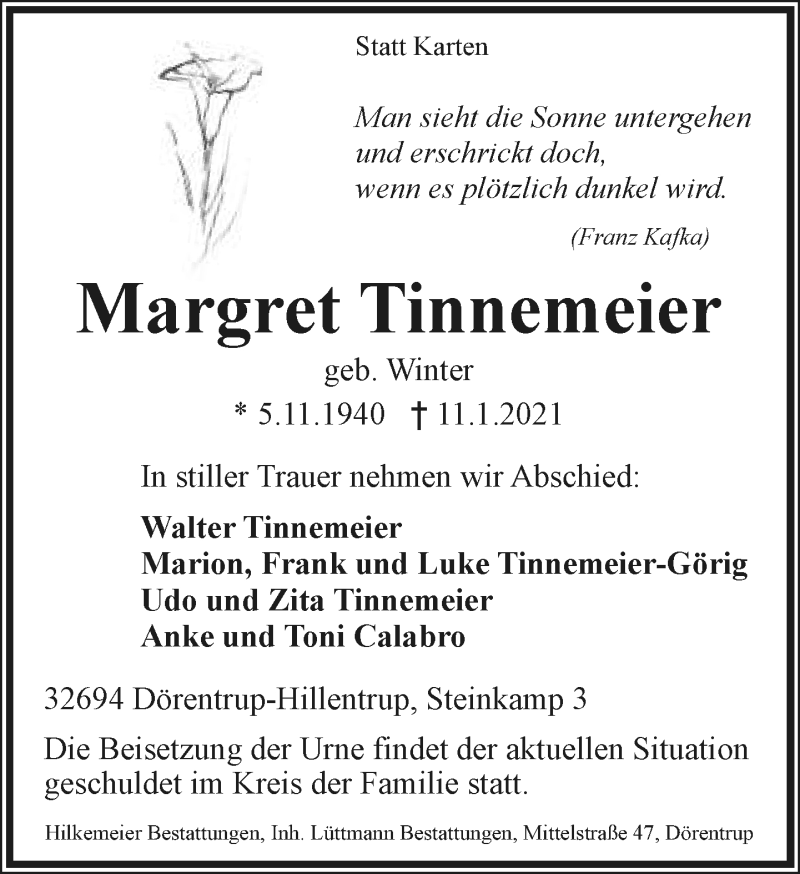  Traueranzeige für Margret Tinnemeier vom 16.01.2021 aus Lippische Landes-Zeitung