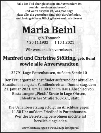 Anzeige  Maria Beinl  Lippische Landes-Zeitung