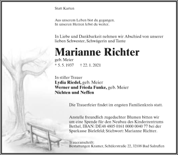 Anzeige  Marianne Richter  Lippische Landes-Zeitung