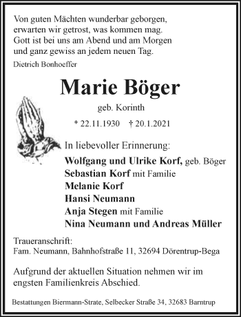 Anzeige  Marie Böger  Lippische Landes-Zeitung