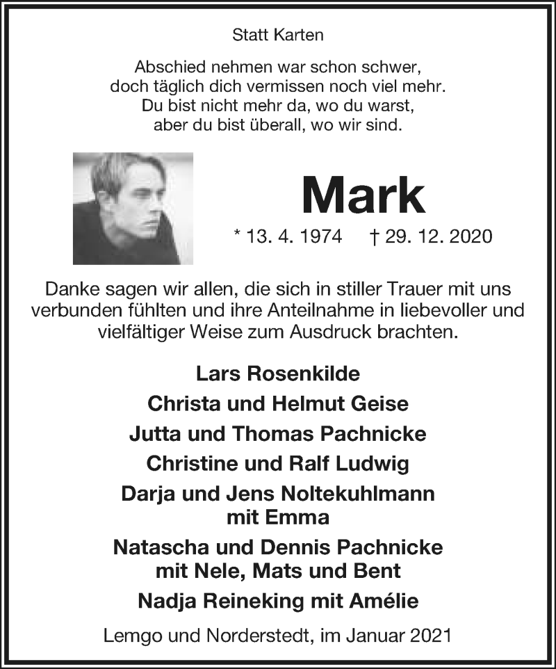  Traueranzeige für Mark Geise vom 30.01.2021 aus Lippische Landes-Zeitung