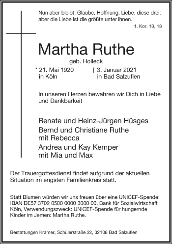 Anzeige  Martha Ruthe  Lippische Landes-Zeitung