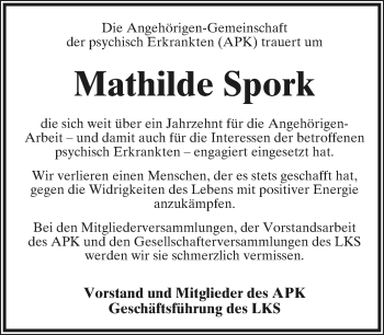 Anzeige  Mathilde Spork  Lippische Landes-Zeitung