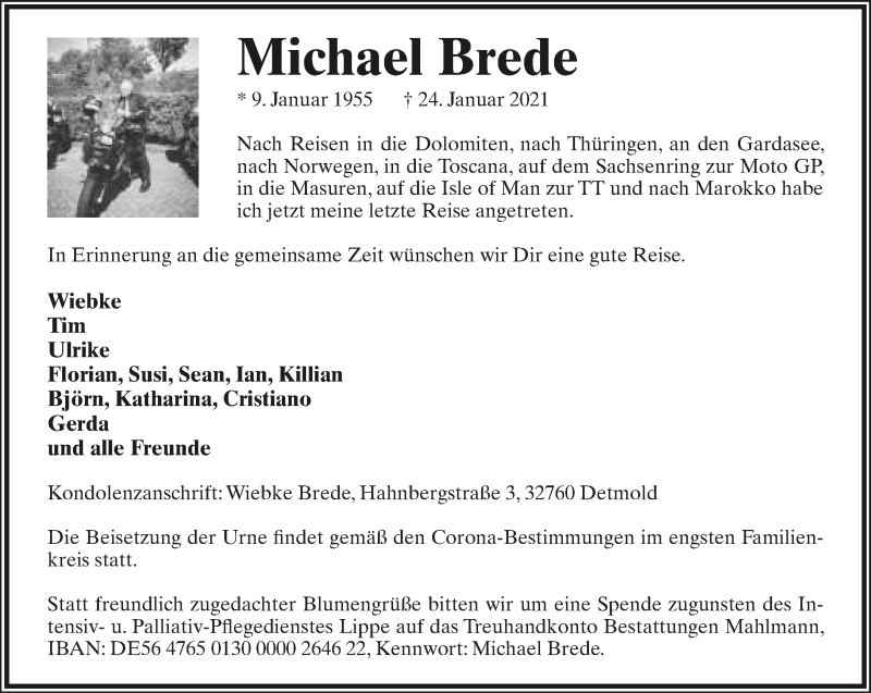  Traueranzeige für Michael Brede vom 30.01.2021 aus Lippische Landes-Zeitung