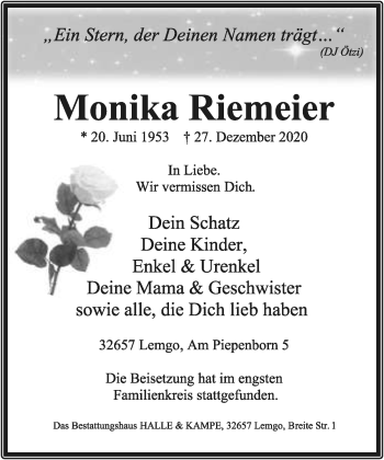 Anzeige  Monika Riemeier  Lippische Landes-Zeitung