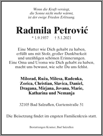 Anzeige  Radmila Petrovic  Lippische Landes-Zeitung
