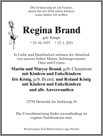 Anzeige  Regina Brand  Lippische Landes-Zeitung