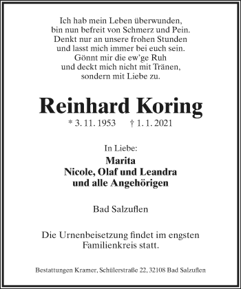 Anzeige  Reinhard Koring  Lippische Landes-Zeitung