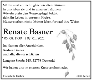 Anzeige  Renate Basner  Lippische Landes-Zeitung