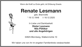 Anzeige  Renate Lesmann  Lippische Landes-Zeitung