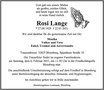 Anzeige  Rosi Lange  Lippische Landes-Zeitung