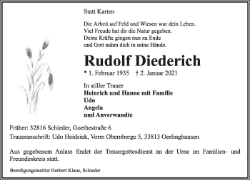Anzeige  Rudolf Diederich  Lippische Landes-Zeitung