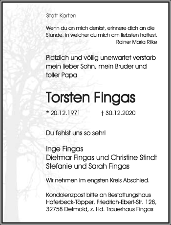 Anzeige  Torsten Fingas  Lippische Landes-Zeitung