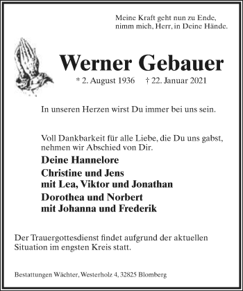 Anzeige  Werner Gebauer  Lippische Landes-Zeitung