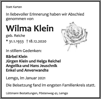 Anzeige  Wilma Klein  Lippische Landes-Zeitung