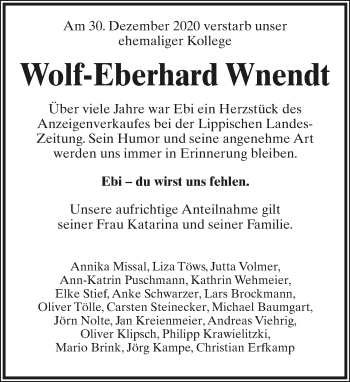 Anzeige  Wolf-Eberhard Wnendt  Lippische Landes-Zeitung