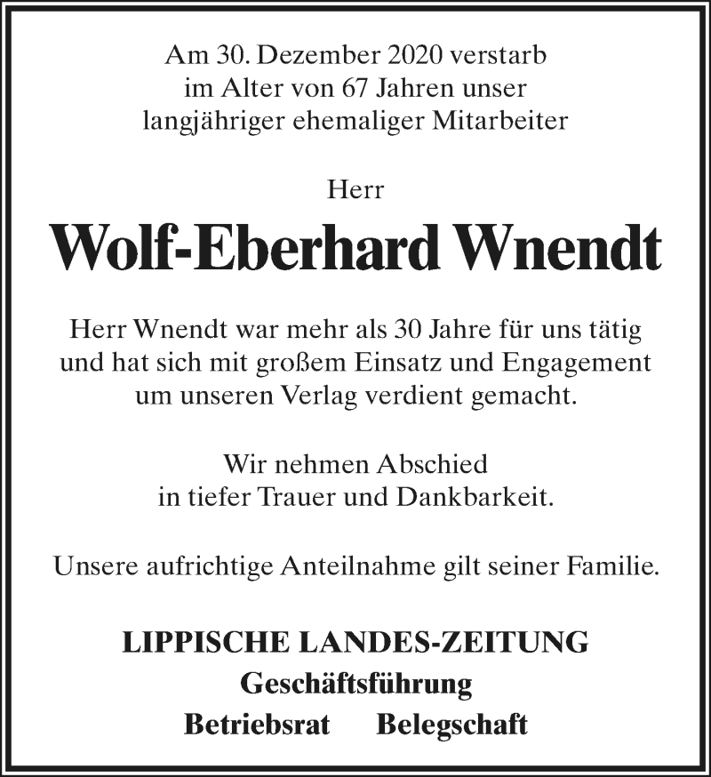  Traueranzeige für Wolf-Eberhard Wnendt vom 09.01.2021 aus Lippische Landes-Zeitung