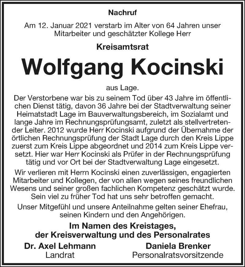  Traueranzeige für Wolfgang Kocinski vom 30.01.2021 aus Lippische Landes-Zeitung