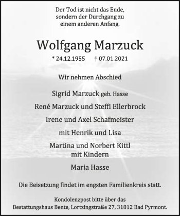 Anzeige  Wolfgang Marzuck  Lippische Landes-Zeitung