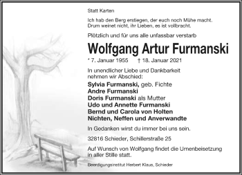 Anzeige  Wolfgang Artur Furmanski  Lippische Landes-Zeitung
