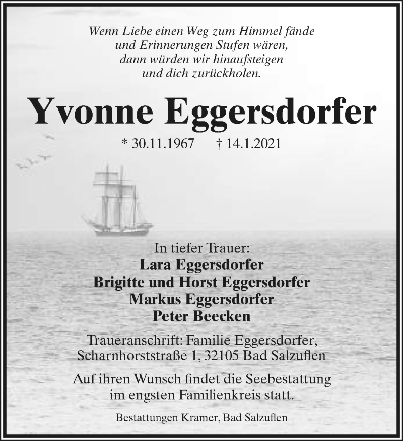  Traueranzeige für Yvonne Eggersdorfer vom 23.01.2021 aus Lippische Landes-Zeitung