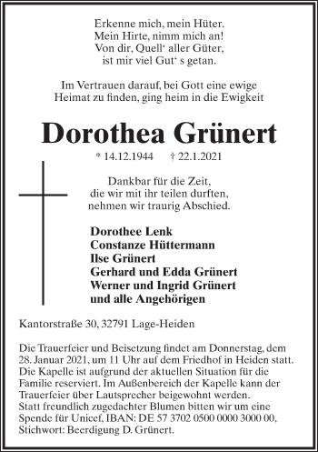 Anzeige  Dorothea Grünert  Lippische Landes-Zeitung