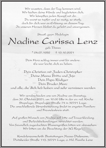 Anzeige  Nadine Carissa Lenz  Lippische Landes-Zeitung