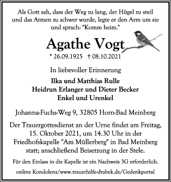 Anzeige  Agathe Vogt  Lippische Landes-Zeitung