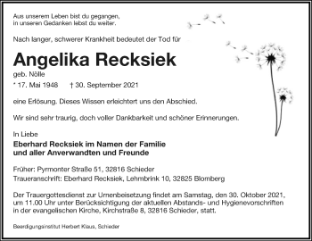 Anzeige  Angelika Recksiek  Lippische Landes-Zeitung