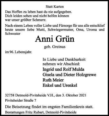 Anzeige  Anni Grün  Lippische Landes-Zeitung