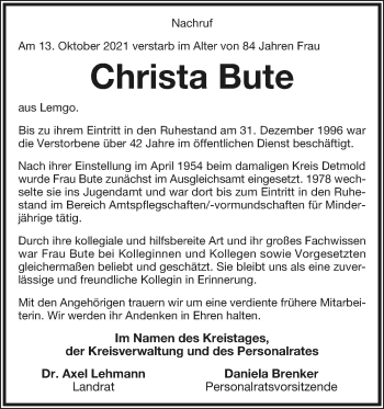 Anzeige  Christa Bute  Lippische Landes-Zeitung
