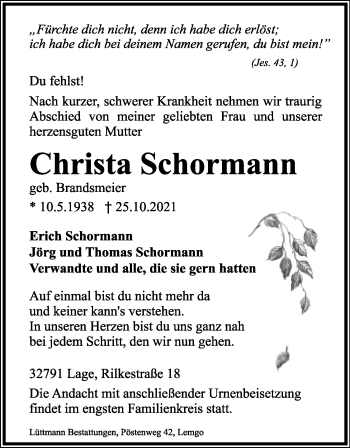 Anzeige  Christa Schormann  Lippische Landes-Zeitung