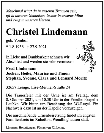 Anzeige  Christel Lindemann  Lippische Landes-Zeitung