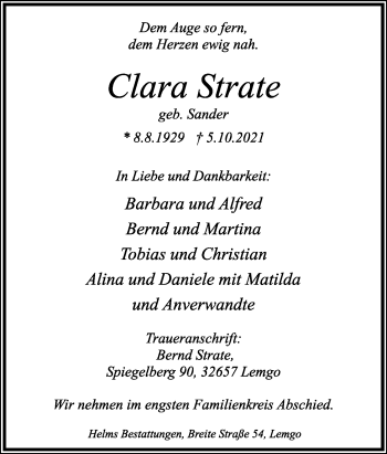 Anzeige  Clara Strate  Lippische Landes-Zeitung