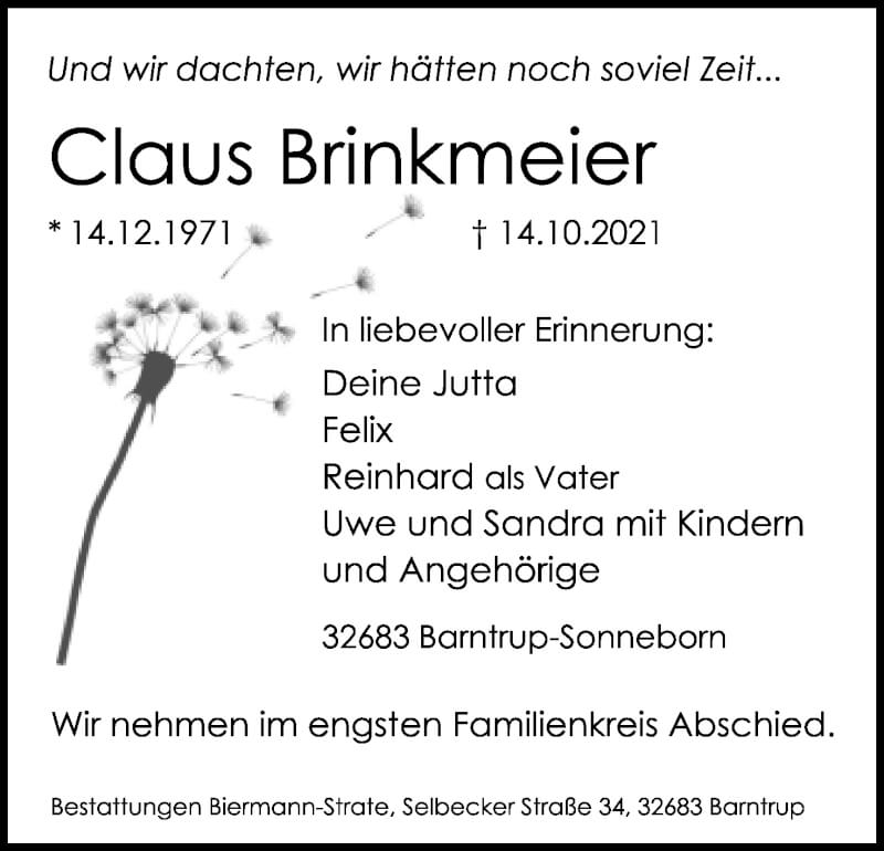  Traueranzeige für Claus Brinkmeier vom 23.10.2021 aus Lippische Landes-Zeitung