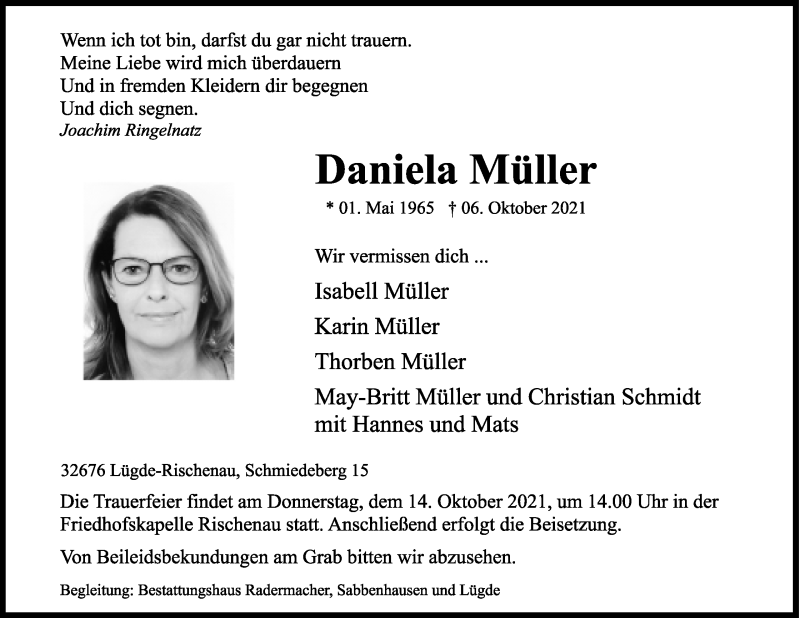  Traueranzeige für Daniela Müller vom 09.10.2021 aus Lippische Landes-Zeitung