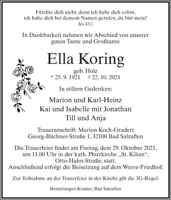 Anzeige  Ella Koring  Lippische Landes-Zeitung
