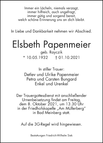 Anzeige  Elsbeth Papenmeier  Lippische Landes-Zeitung