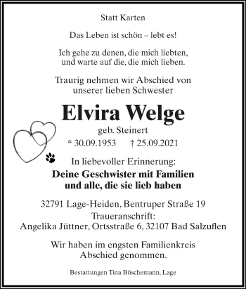 Anzeige  Elvira Welge  Lippische Landes-Zeitung