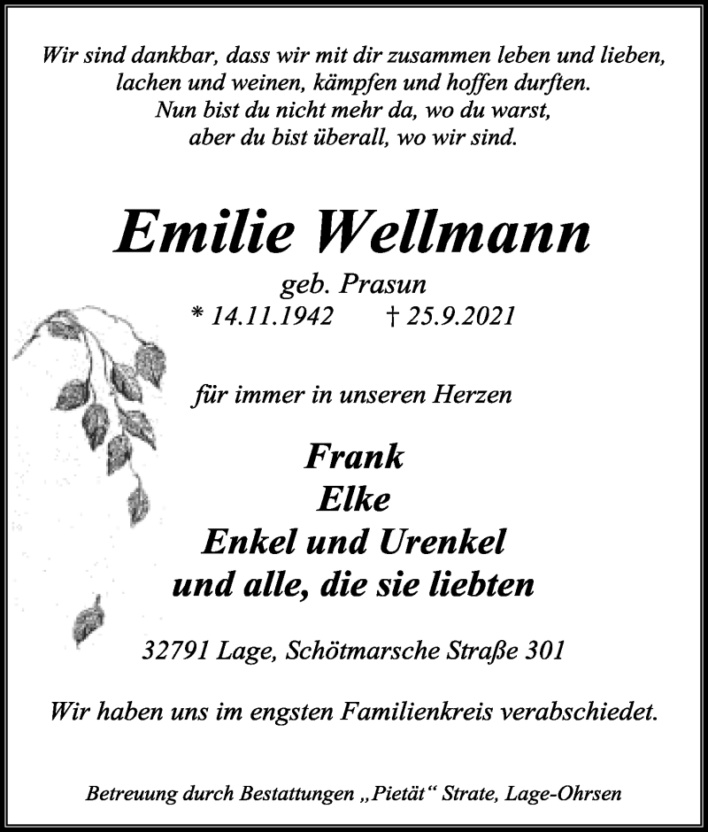  Traueranzeige für Emilie Wellmann vom 09.10.2021 aus Lippische Landes-Zeitung