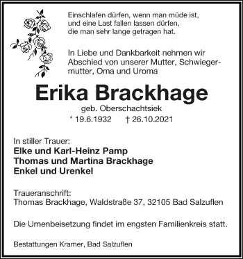 Anzeige  Erika Brackhage  Lippische Landes-Zeitung
