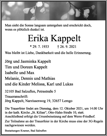 Anzeige  Erika Kappelt  Lippische Landes-Zeitung