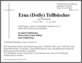Anzeige  Erna Tellbüscher  Lippische Landes-Zeitung