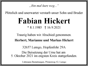 Anzeige  Fabian Hickert  Lippische Landes-Zeitung