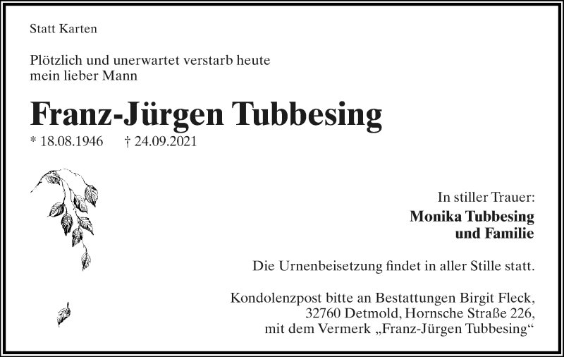  Traueranzeige für Franz-Jürgen Tubbesing vom 02.10.2021 aus Lippische Landes-Zeitung