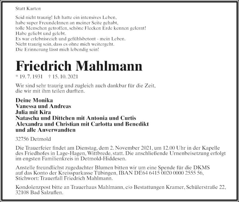 Traueranzeige für Friedrich Mahlmann vom 23.10.2021 aus Lippische Landes-Zeitung