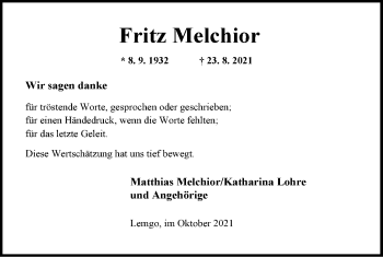 Anzeige  Fritz Melchior  Lippische Landes-Zeitung