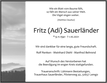 Anzeige  Fritz Sauerländer  Lippische Landes-Zeitung