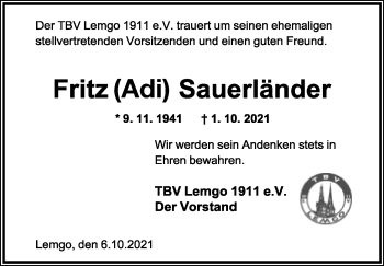 Anzeige  Fritz Sauerländer  Lippische Landes-Zeitung